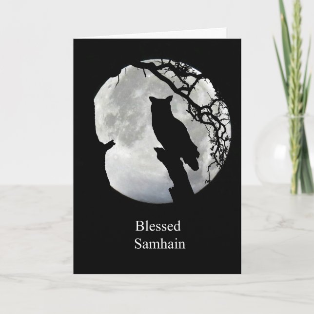 Samhain-kort med uggla och månens sabbat kort (Framsida)