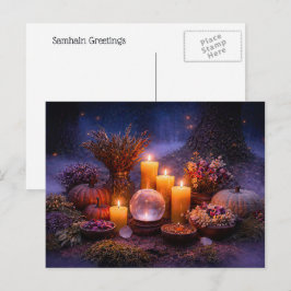 Samhain med ljus Kristall Höst Lövverk Blommor Helg Vykort