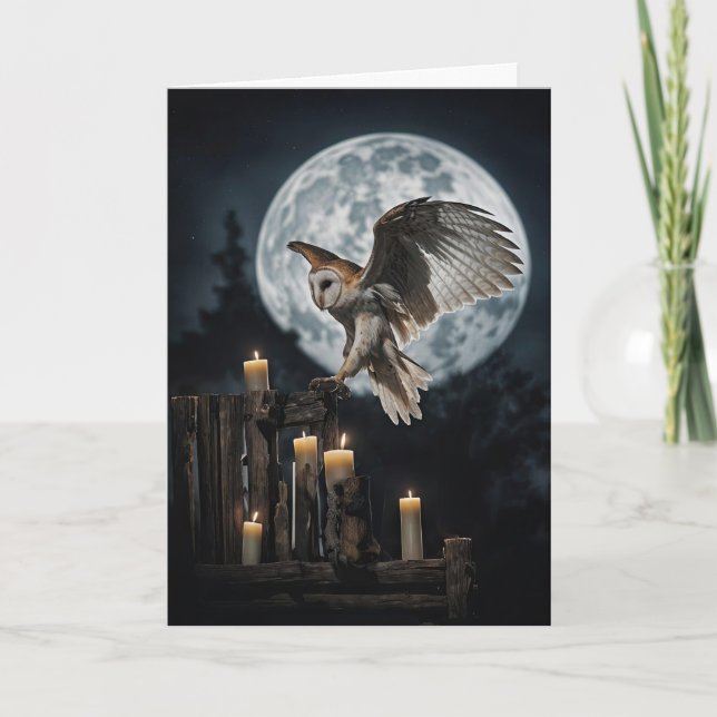 Samhain med Söt Uggla Open Vingar Full Moon Kort (Framsida)