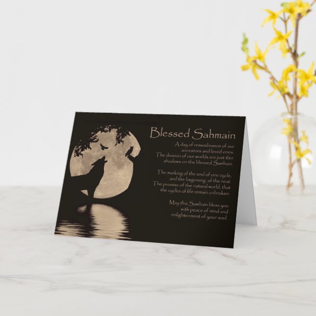 Samhain med Uggla Varg Raven och Måne Sabbat Kort (Gul blomma)