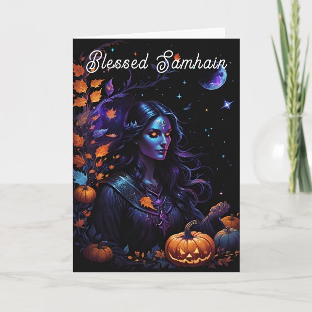 Samhain Pagan Witch Blsed Halloween Fall Nght Kort (Framsida)