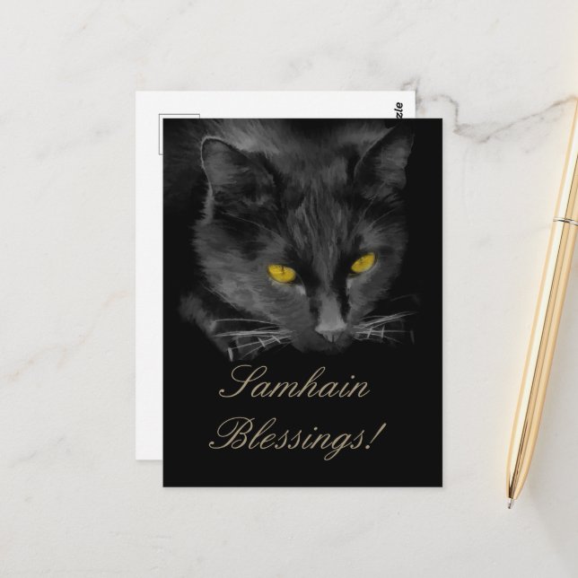 Samhain Svart Katt Högtid Vykort (Fram/Back In Situ)