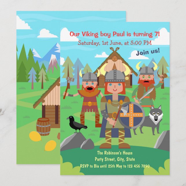 Samla alla Viking-barn till en födelsedagsfest Inb Inbjudningar (Fram/baksida)