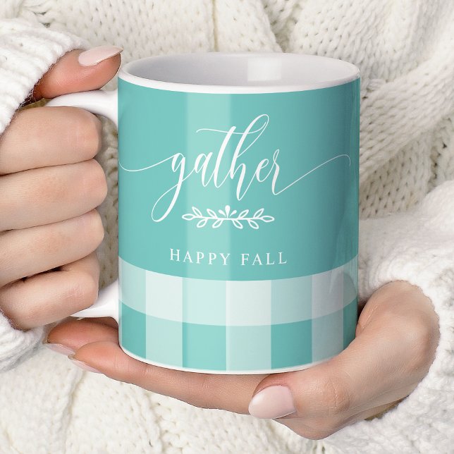 Samla Glad Höst Teal & Vit Buffalo Randig Kaffemugg (Skapare uppladdad)