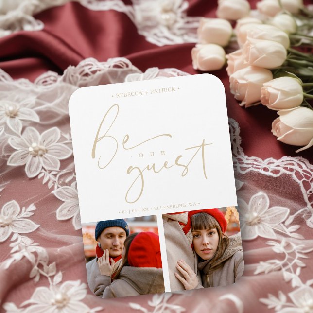 Samla två foton till vår gäst Romantic Bröllop Magnet (Collage Two Photos Be Our Guest Romantic Wedding Save the Dates Magnets Cards.)