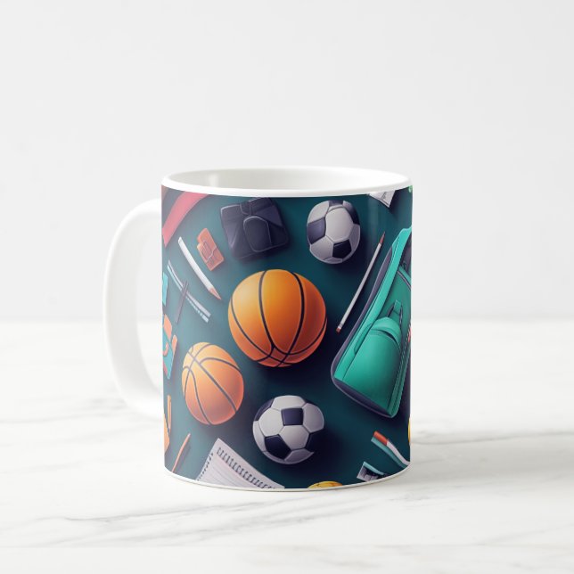 samling av diverse sportutrustning kaffemugg (Framsida vänster)