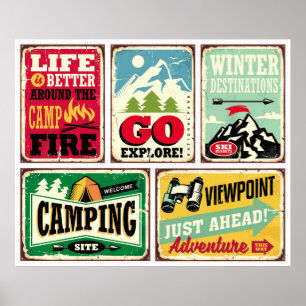 Samling av ljudsignaler och campingsignaler. Utomh Poster