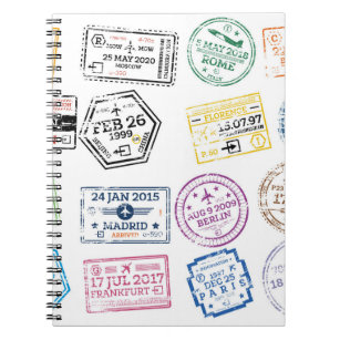 Samling av Passport Frimärke isolerad på White. V Anteckningsbok