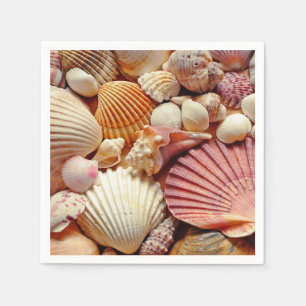 Samling av Seashells Scallops Clams och Conch Pappersservett
