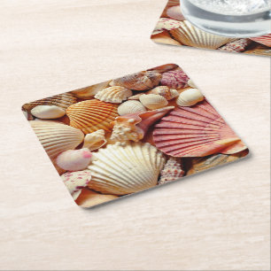 Samling av Seashells Scallops Clams och Conch Underlägg Papper Kvadrat
