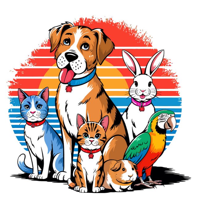 Samlings tecknad film för husdjur  (A vibrant animated scene featuring a cheerful dog at the forefront, surrounded by other animals. )