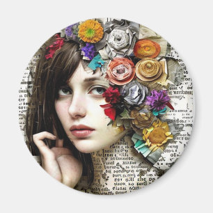 Samlingsbild Söt Girl Girl with Flowers in her H Magnet