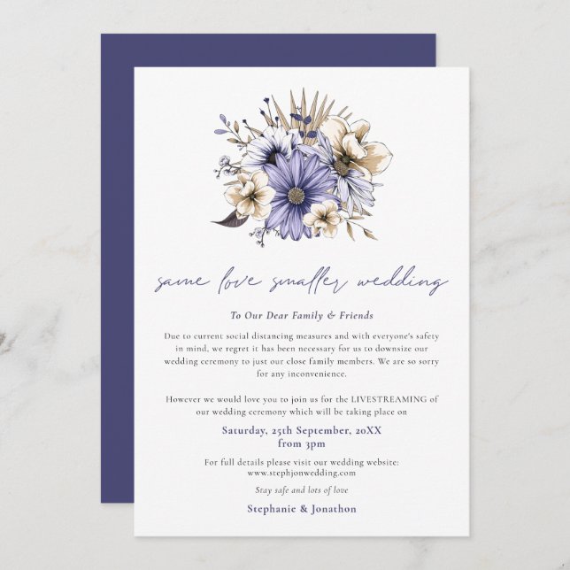 Samma kärlek mindre bröllop färre gäster lila blom meddelande (Fram/baksida)