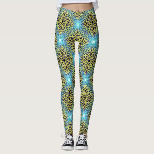 Sammanflätande Victorian Golden Trim Aqua Backgrou Leggings