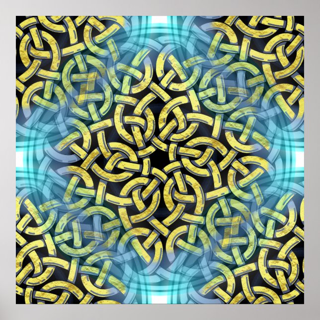 Sammanflätande Victorian Golden Trim Aqua Backgrou Poster (Framsidan)
