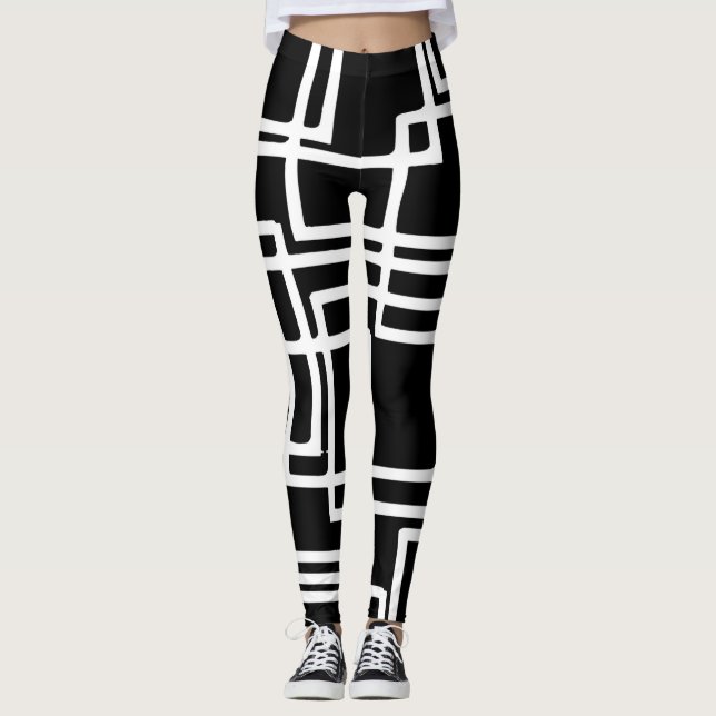 Sammankopplad vit fyrkantig konstnärlig design leggings (Framsida)