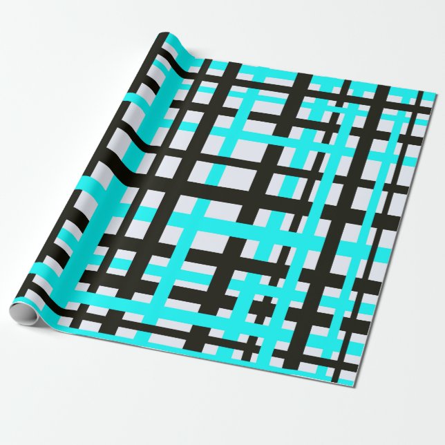Sammankopplade ränder svart vitt teal presentpapper (Utrullad)