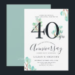 Sammanlagt 40-årsjubileum Eucalyptus Tema Inbjudningar<br><div class="desc">En roligt och en ny 40-årsjubileumsinbjudan med färgreducerande vattenfärgseukalyptus som omger din unika årsdag-information.
Den har vattenfärgsnummer som täcks av botaniskt grönt i vild.
På motsatt sida finns en vibrerande sida färg som kompletterar framsidan.</div>
