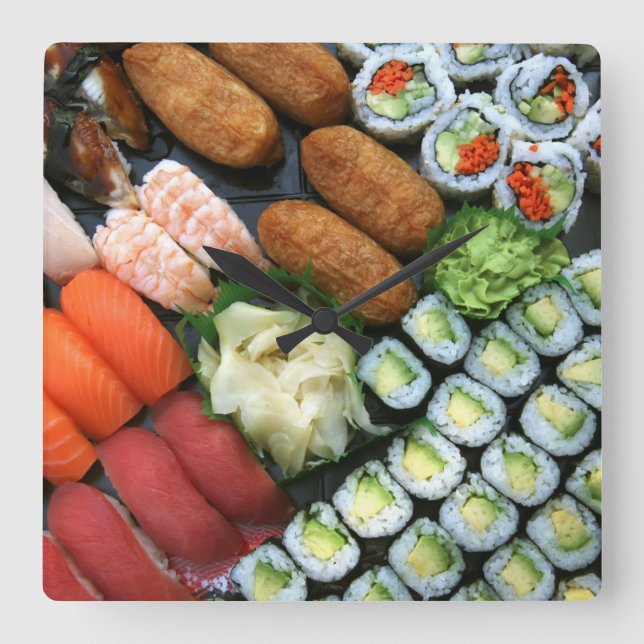 Sammansättning av japanska sushi-favoriter fyrkantig klocka (Framsida)