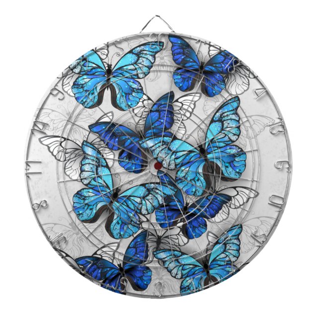 Sammansättning av vita och blå fjärilar darttavla (Framsidan)