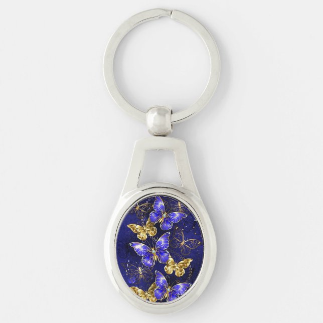 Sammansättning med Sapphire Butterflies Ovalt Silverfärgad Nyckelring (Framsidan)