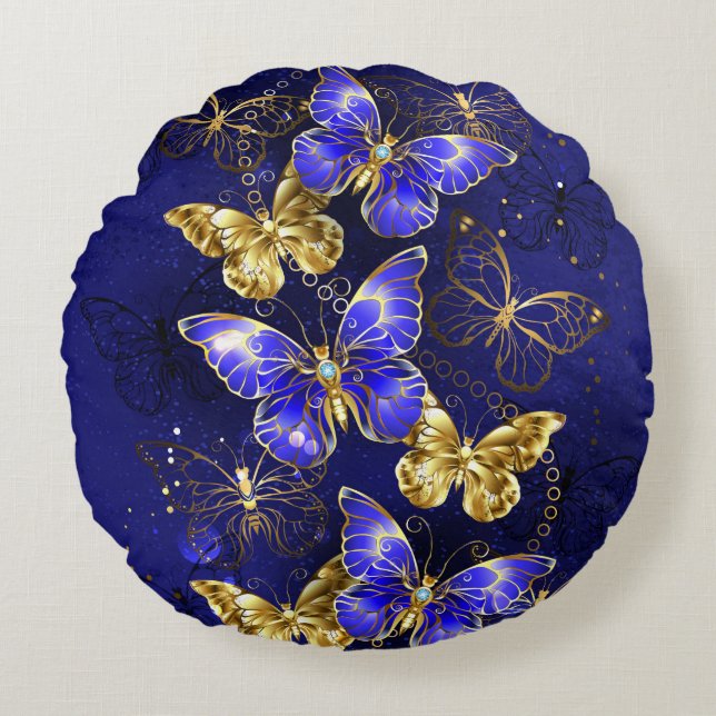Sammansättning med Sapphire Butterflies Rund Kudde (Framsidan)