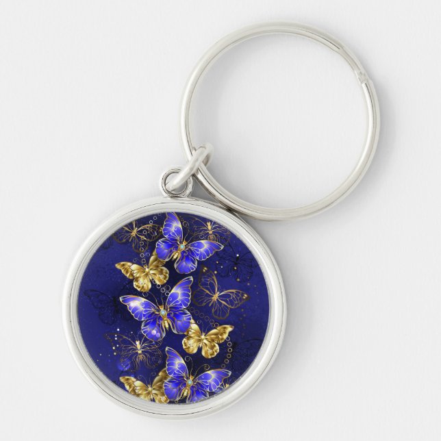 Sammansättning med Sapphire Butterflies Rund Silverfärgad Nyckelring (Framsidan)