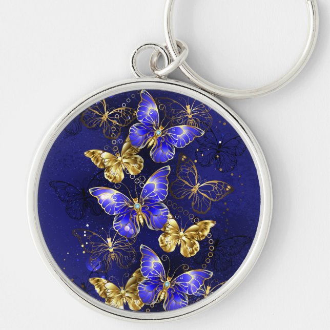 Sammansättning med Sapphire Butterflies Rund Silverfärgad Nyckelring (Framsidan)