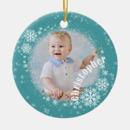 Sammanskärning av Snö Flakes Aqua Round Ornament