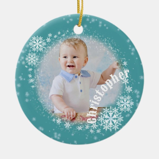 Sammanskärning av Snö Flakes Aqua Round Ornament (Framsidan)