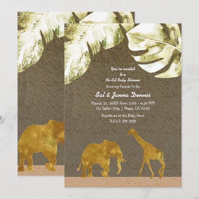 Sammarbetsbabyshower Guld Safari Djur i djungeln Inbjudningar (Fram/baksida)