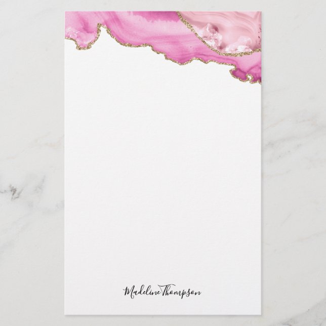 Sammets Rosa Guld Agat Geod Skript Typografi Brevpapper (Framsida)