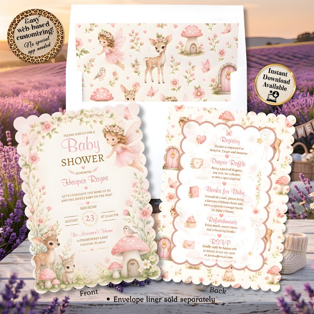 Sammetsflickig sagotema-babyfirande inbjudan (All-in-One Fairy Blossom Wishes Themed Baby Shower Invitation)