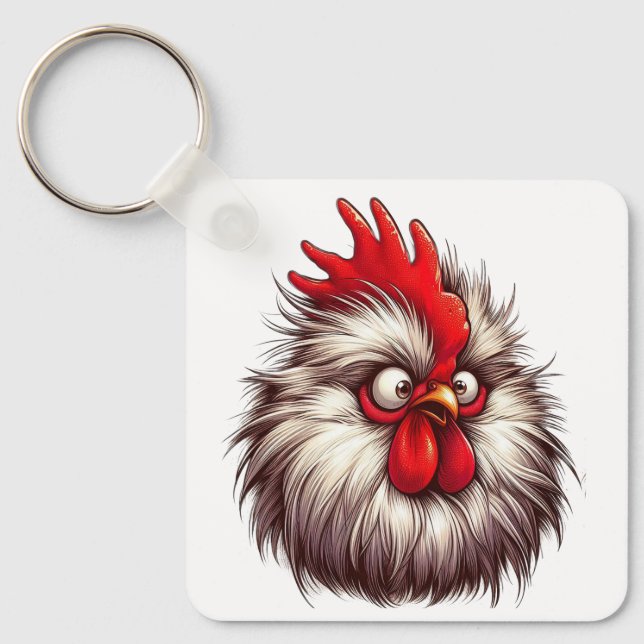 "Sammy Silkie Chicken Face" Aluminum Keychain Nyckelring (Framsida)
