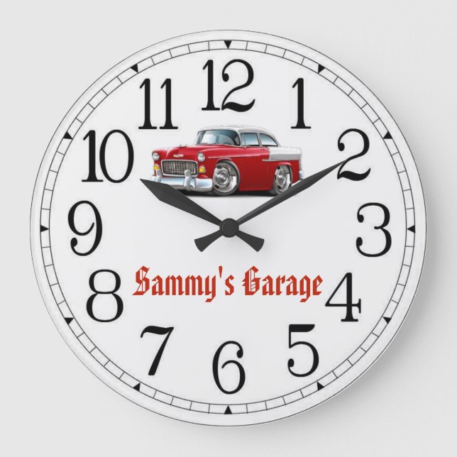 Sammys garage röd och vit klassisk bilklocka stor klocka (Framsida)