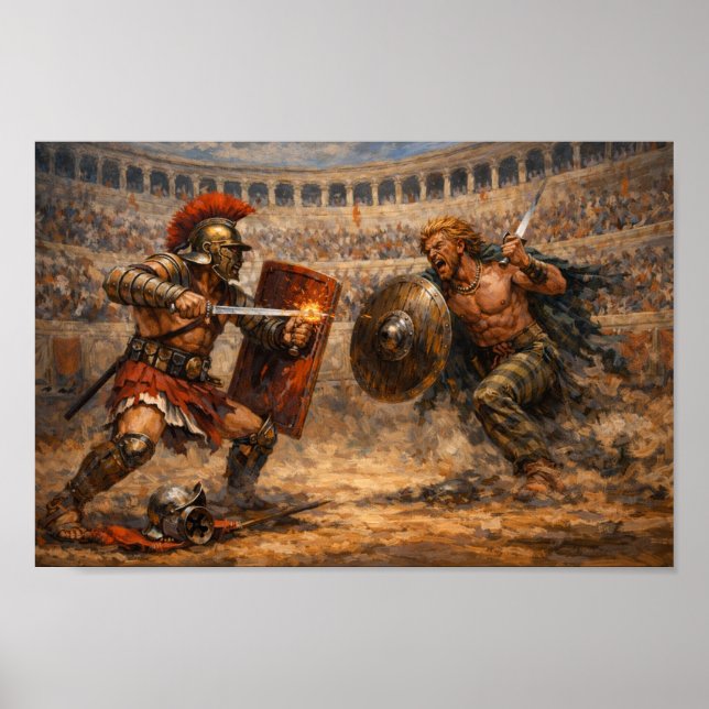 Samnite vs Gaul Gladiator Battle Acrylic Painting  Poster (Framsidan)