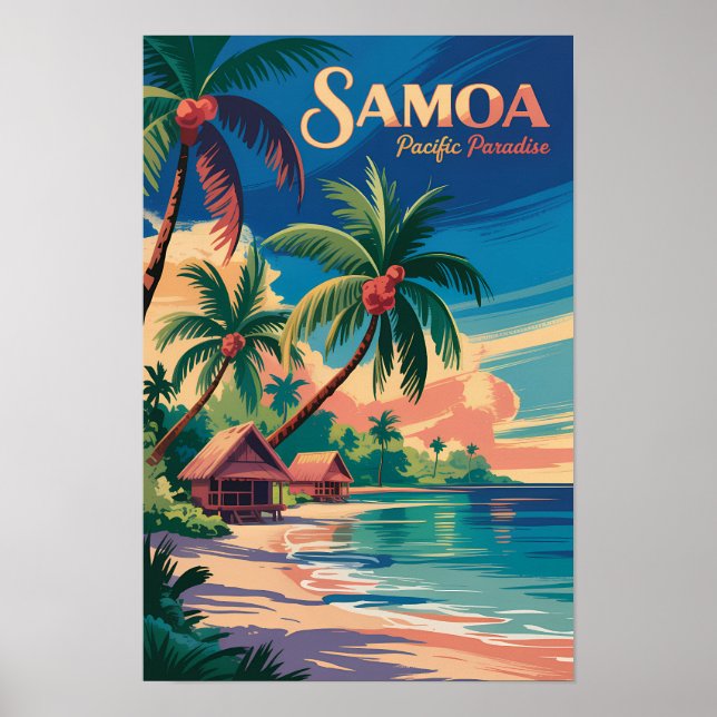 Samoa Beach Samoansk Illustration Resa Konst Vinta Poster (Framsidan)