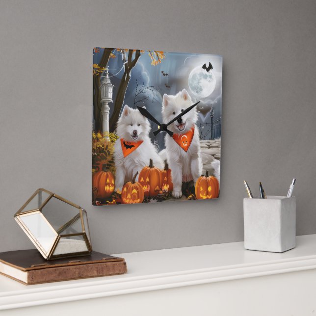 Samojed Halloween Kuslig Fyrkantig Klocka (Kontor)