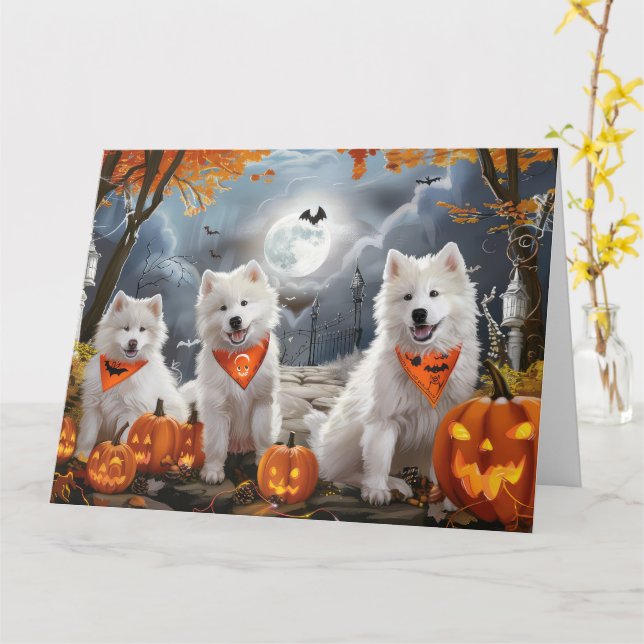 Samojed Halloween Kuslig Kort (Gul blomma)