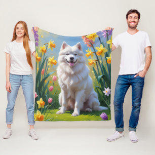 Samojed Hund Vår Blommor Målning Fleecefilt