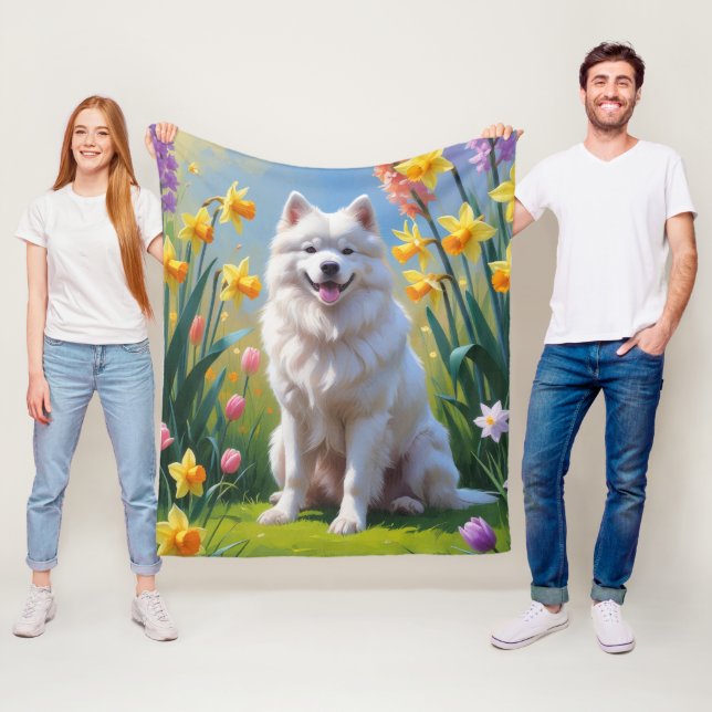 Samojed Hund Vår Blommor Målning Fleecefilt (På plats)