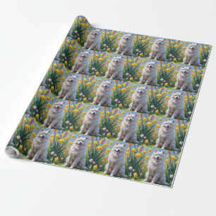Samojed Hund Vår Blommor Målning Presentpapper