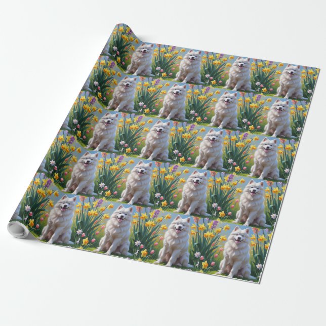 Samojed Hund Vår Blommor Målning Presentpapper (Utrullad)