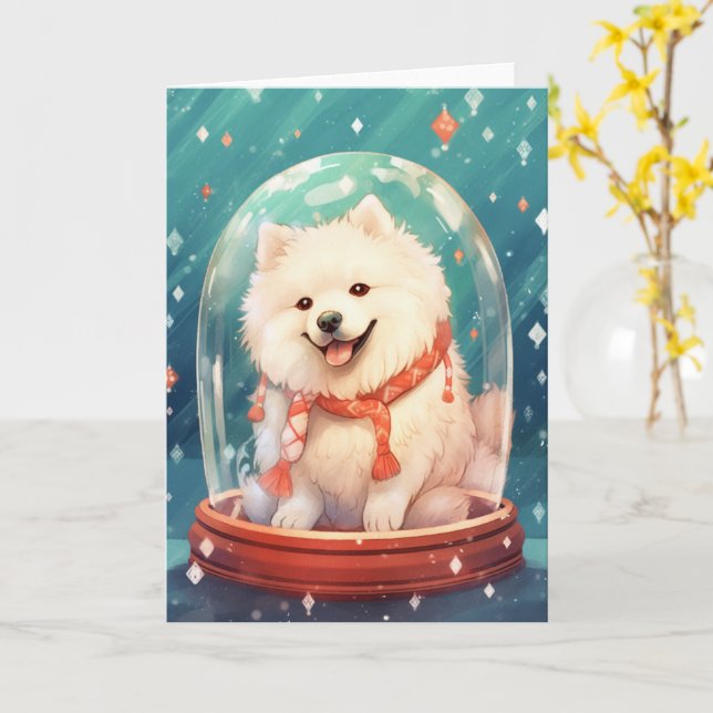 Samojed i en julsnöglob med starka ljus kort (Gul blomma)