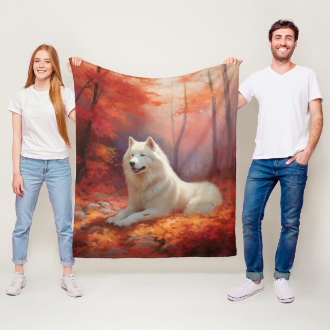 Samojed i höstlöv Fall Inspirera  Fleecefilt (På plats)
