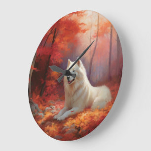 Samojed i höstlöv Fall Inspirera Stor Klocka