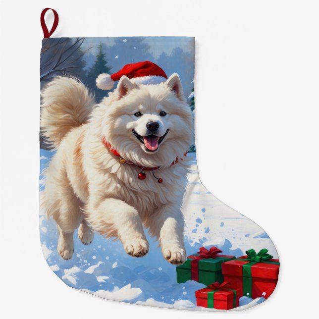 Samojed löper i snö med julhatt stor julstrumpa (Framsidan)