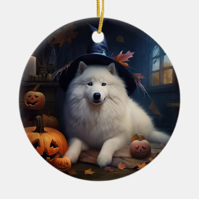 Samojed Pumpor Halloween Skräckinjagande Julgransprydnad Keramik (Framsidan)