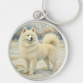 Samojed Rund Silverfärgad Nyckelring