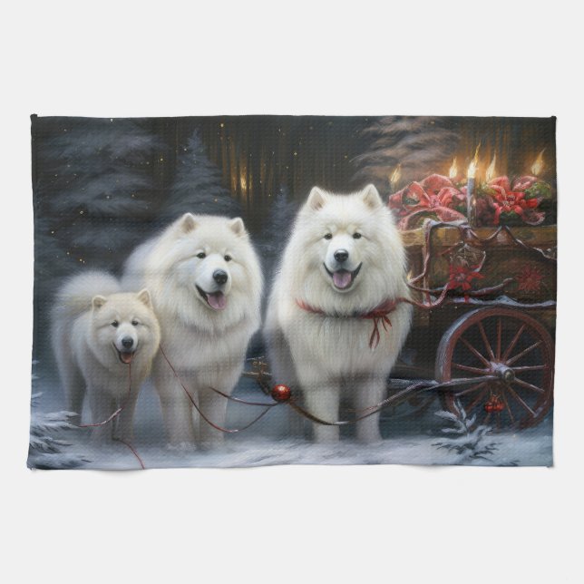 Samojed Snöig Släd Jul Dekoration Kökshandduk (Horisontell)